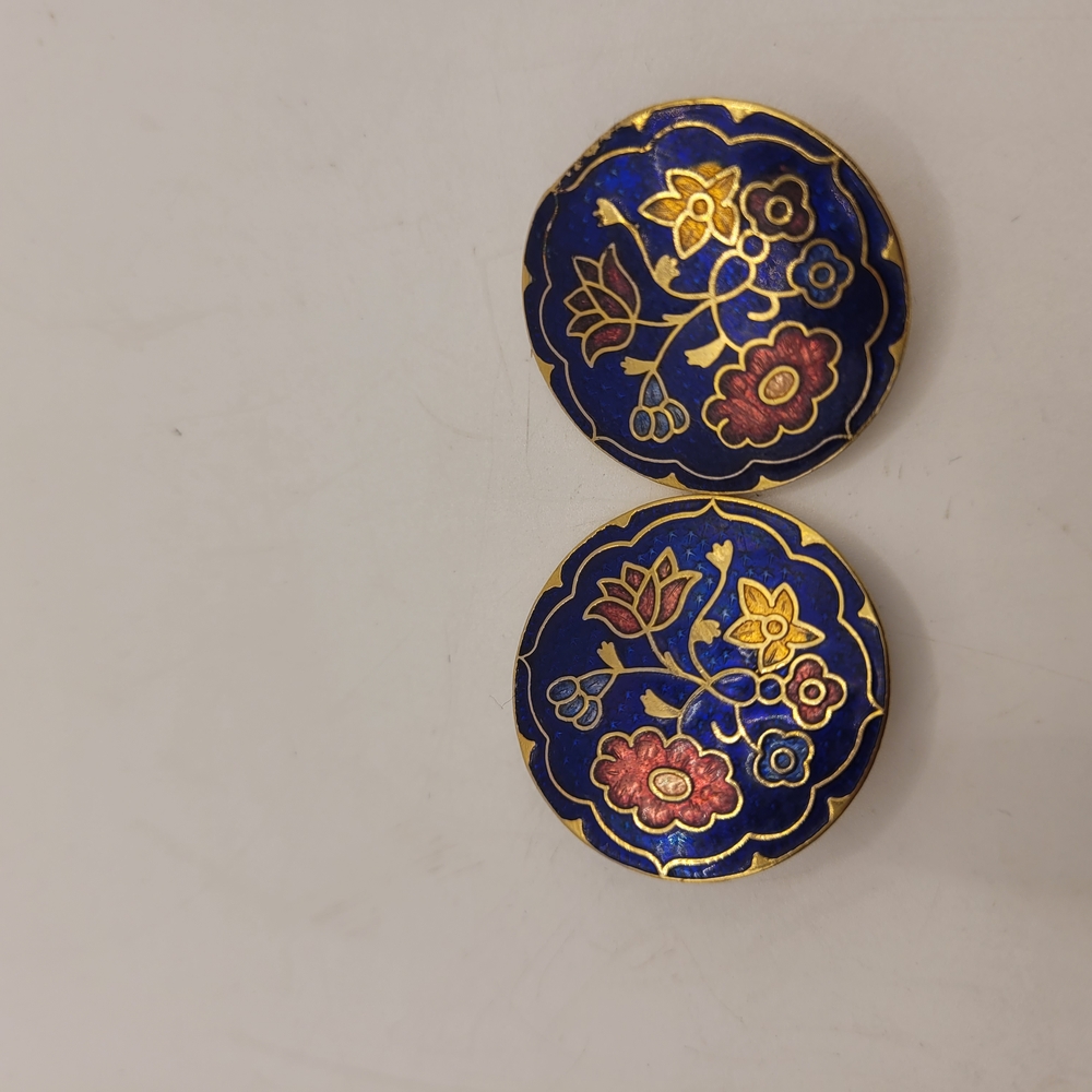 Vintage Flower Cloisonne Enamel Clip-on Round Oriental Earrings